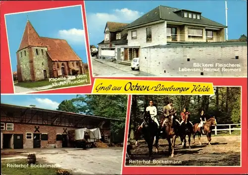 Ak Oetzen in der Lüneburger Heide, Reiterhof Bockelmann, Bäckerei FleischereiHelmut Reimers, Kapelle