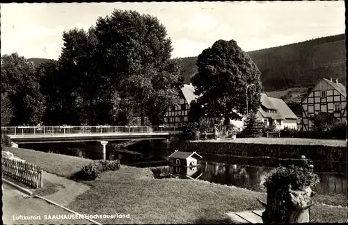 Ak Saalhausen Lennestadt im Sauerland, Teilansicht Ort mit Brücke und Wasser