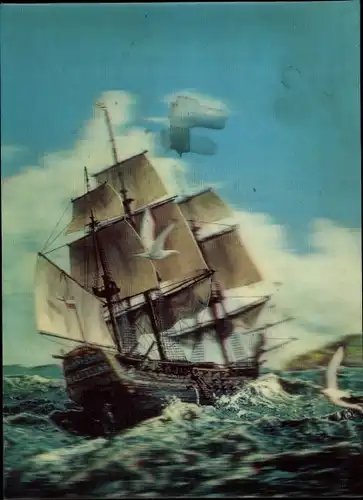 3 D Ak Segelschiff auf See, Dreimaster, Möwen