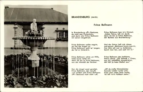 Ak Brandenburg an der Havel, Fritze Bollmann, Statue, Springbrunnen, Gedicht