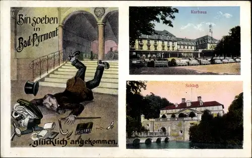 Ak Bad Pyrmont in Niedersachsen, Kurhaus, Schloss, Glücklich angekommen, gestürzter Reisender