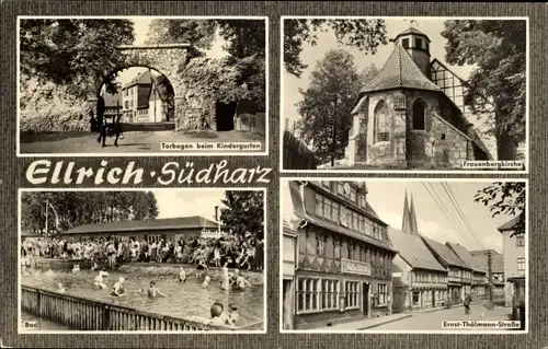 Ak Ellrich Harz Thüringen, Torbogen beim Kindergarten, Frauenbergkirche, Bad, Ernst-Thälmann-Str.