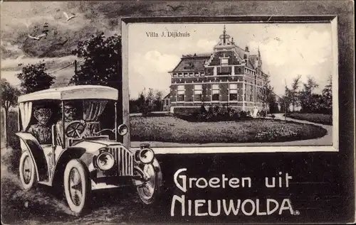 Passepartout Ak Nieuwolda Groningen, Villa J. Dijkhuis, Automobil