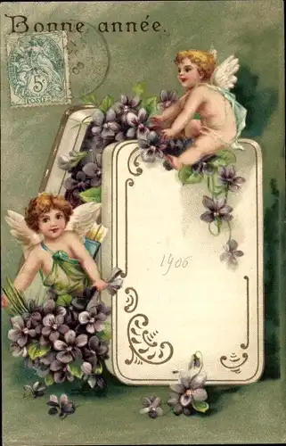 Präge Litho Glückwunsch Neujahr, Engel, Veilchen