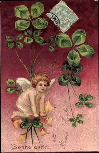 Präge Litho Glückwunsch Neujahr, Engel, Kleeblätter