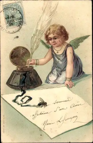 Litho Engel schreibt einen Brief, Tintenfass, Federkiel