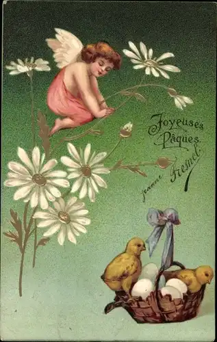 Präge Litho Glückwunsch Ostern, Engel, Küken, Ostereier, Korb, Weiße Blumen