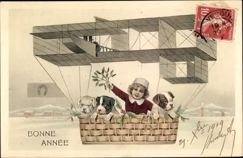 Litho Glückwunsch Neujahr, Mädchen, Hunde, Ballon, Korb, Hufeisen, Fluggerät