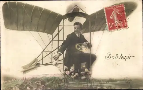 Ak Souvenir, Mann in einem Flugzeug, Fotomontage
