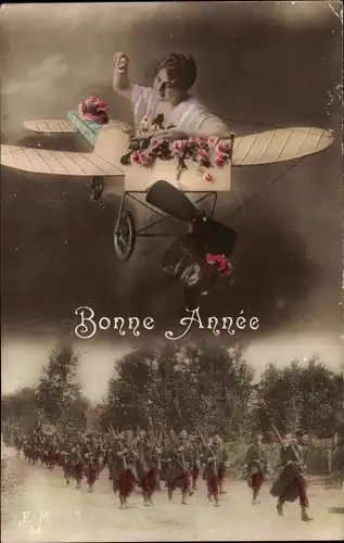 Ak Glückwunsch Neujahr, Frau in einem Flugzeug, marschierende französische Soldaten, Fotomontage