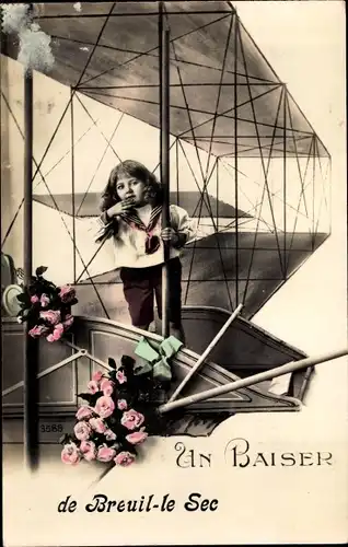Ak Un Baiser de Breuil le Sec, Kind auf einem Flugzeug, Fotomontage