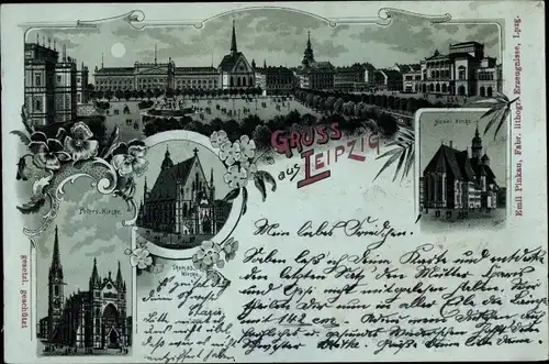 Mondschein Litho Leipzig in Sachsen, Nicolai Kirche, Peters Kirche, Thomaskirche