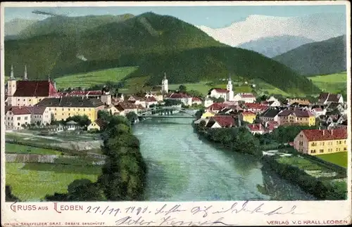 Ak Leoben Steiermark, Gesamtansicht mit Fluss