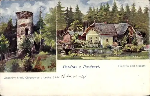 Künstler-AK Posázavi, Zriceniny hradu Chrenovice u Ledce Region Hochland, Hájovna pod hradem