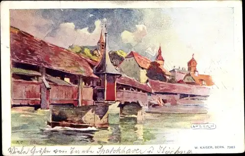 Künstler Ak Luzern Stadt Schweiz, Gedeckte Brücke