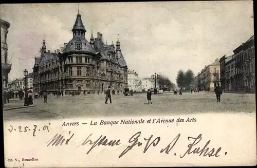 Ak Anvers Antwerpen Flandern, La Banque Nationale et l'Avenue des Arts