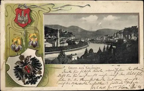 Prägewappen Passepartout Ak Salzburg in Österreich, Stadt, Fluss
