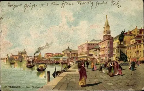 Künstler Ak Venedig Veneto, Riva Schiavoni, Gondeln, Fußgänger, Denkmal