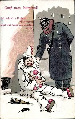 Ak Gruß vom Karneval, betrunkener Harlekin, Polizist