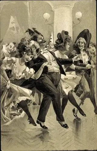 Litho Tanzende Personen in Faschingskostümen