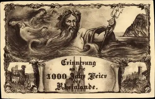 Ak Erinnerung an die 1000 Jahr Feier der Rheinlande, Vater Rhein, Kölner Dom