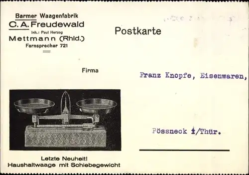 Ak Mettmann, Reklame, Barmer Waagenfabrik, C. A. Freudewald, Inh. Paul Herzog