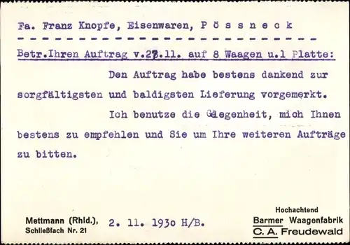 Ak Mettmann, Reklame, Barmer Waagenfabrik, C. A. Freudewald, Inh. Paul Herzog