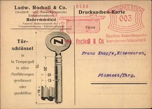 Ak Radevormwald Bergisches Land, Ludw. Rocholl & Co., Schlüsselmacherei, Reklame