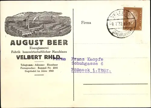 Ak Velbert im Rheinland, Reklame, August Beer, Eisengießerei
