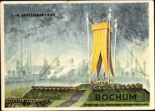 Künstler Ak Vieth, K. H., Bochum im Ruhrgebiet, Stadt des 73. Deutschen Katholikentages 1949