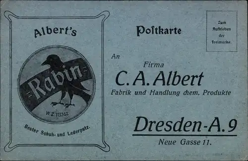Ak Dresden Altstadt, C. A. Albert, Fabrik und Handlung chem. Produkte, Rabin Schuh und Lederputz