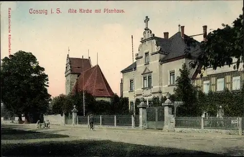 Ak Coswig in Sachsen, Alte Kirche mit Pfarrhaus