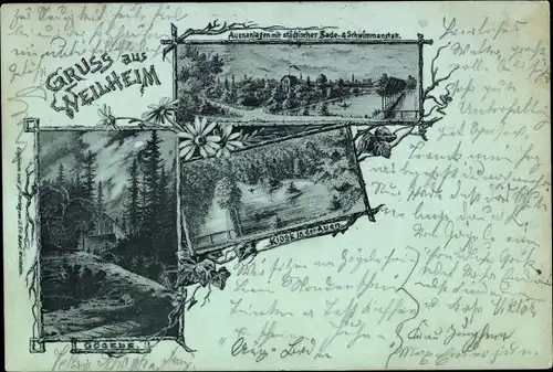 Passepartout Litho Weilheim Oberbayern, Aueanlagen m. Badeanstalt, Kiosk i. d. Auen, Göckle