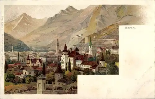 Künstler Litho Hirschmann, Meran Merano Südtirol, Totalansicht der Ortschaft