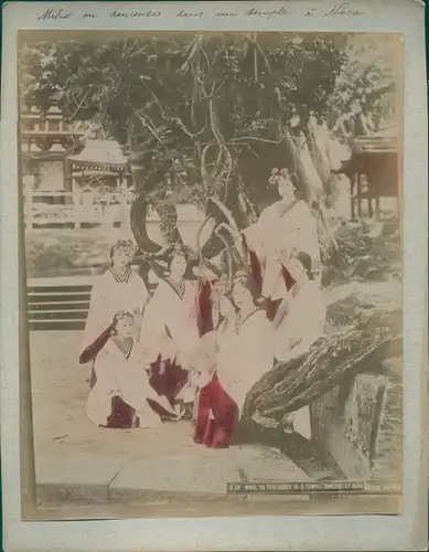Foto Nara Präf. Nara Japan, Japanische Miko Frauen in einer Tempel Anlage, Gruppenbild, koloriert