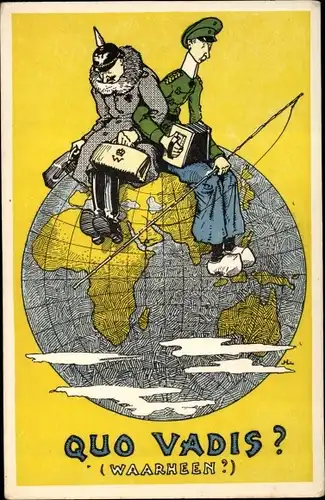 Künstler Ak Quo Vadis, Wo gehst du hin, Kaiser Wilhelm II. und Kronprinz Wilhelm auf einem Globus