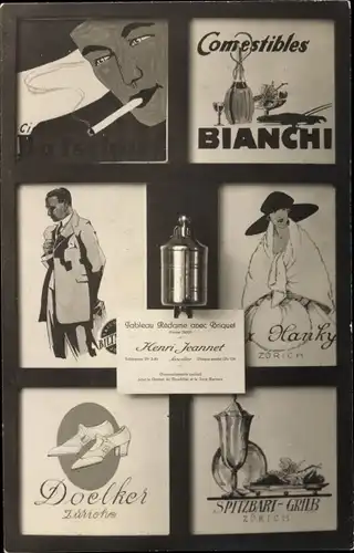 Ak Tableau Reclame avec Briquet, Henri Jeannet, Doelker Zürich, Comestibles Bianchi
