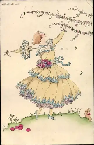 Künstler Ak Köhler, Mela, Frau in Kleid mit Sonnenschirm, M. Munk Wien 1132