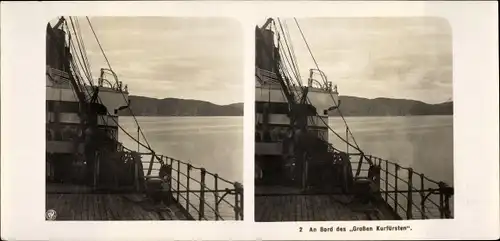 Stereo Foto NDL Schiff Der Große Kurfürst, An Bord, Blick vom Deck auf das Ufer, NPG