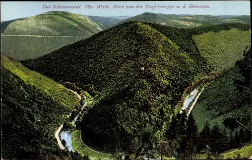 Ak Bad Blankenburg Schwarzatal in Thüringen, Blick von der Teufelstreppe, Eberstein, Panorama