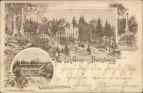 Litho Dresden Schönfeld Weißig Borsberg, Bergrestaurant Borsberg, Park, Gradmessungssäule