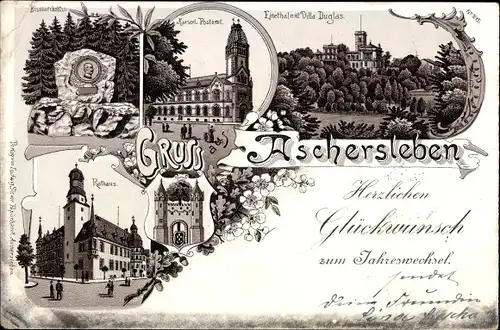Litho Aschersleben Salzlandkreis, Bismarckstein, Postamt, Villa Douglas, Rathaus, Wappen