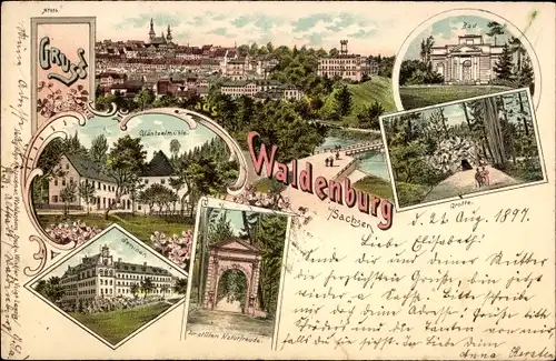 Litho Waldenburg in Sachsen, Gläntzelmühle, Bad, Grotte, Zur stillen Naturfreude, Seminar