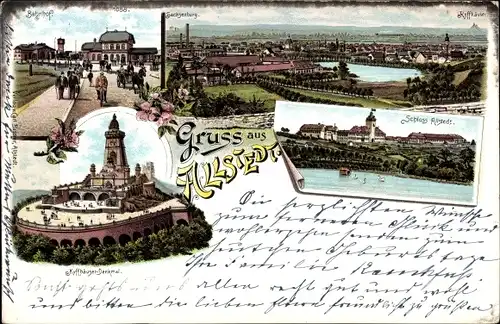 Litho Allstedt in Sachsen Anhalt, Bahnhof, Schloss Allstedt, Kyffhäuser Denkmal