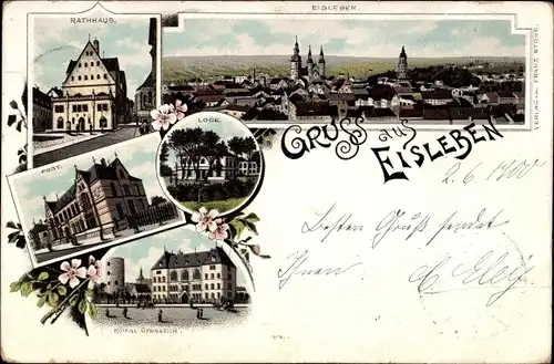 Litho Lutherstadt Eisleben in Sachsen Anhalt, Rathaus, Totale, Loge, Post, Kgl. Gymnasium