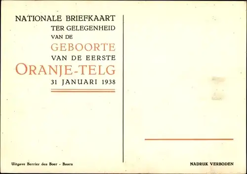 Ak Geboorte van de eerste Oranje Telg 31 Januari 1938, Storch, Löwe