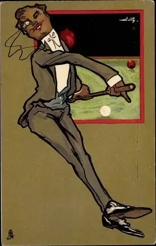 Künstler Ak Billardspieler am Spieltisch