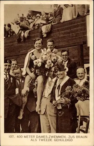 Ak Amsterdam Nordholland Niederlande, Schwimmerin Zus Braun, Olympische Spiele 1928