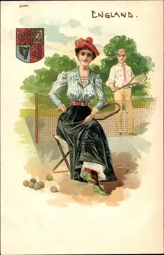 Wappen Litho England, Paar auf dem Tennisplatz