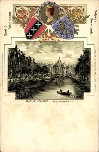 Wappen Litho Amsterdam Nordholland Niederlande, Nieuwmarkt, Sulpke's Boekhandel, Wilhelmina